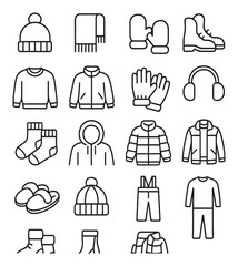 Winter linear icon set. includes beanie, scarf, mittens, boots, sweater, jacket, gloves, headphones, socks, slippers.