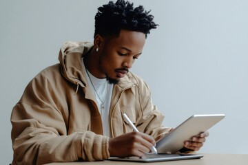 Young creative professional working on a digital drawing project, using a tablet and stylus with focused concentration