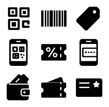 Mobile Coupon Icons. olid, filled icons set of mobile coupon use: QR code, barcode icon, coupon tag, mobile