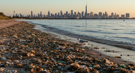 Coastal trash problem with cityscape backdrop and seagull depicts environmental challenges during golden hour