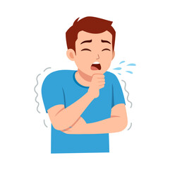 Young man coughing with hand on throat feeling unwell and shivering, disease symptoms