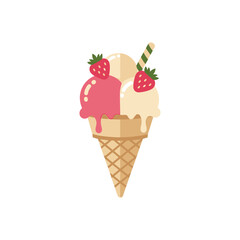 Delicious Strawberry and Vanilla Ice Cream Cone Illustration.