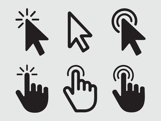 Computer mouse cursor icon set with arrows, hand pointers, click effects, and loading symbols. Perfect for UI, web design, and digital apps. Vector illustration. 