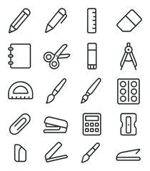 Obraz premium School supplies linear icon set. containing pencil, ruler, eraser, scissors, notebook, brush, compass, calculator.