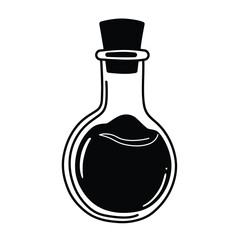 Black and white silhouette of a potion bottle with liquid and cork for games and designs