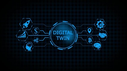 Text digital twins glows inside spiral circle on dark background, showing tech theme with digital clone, predictive   technology and manufacturing automation technology.  technology and manufacturing 