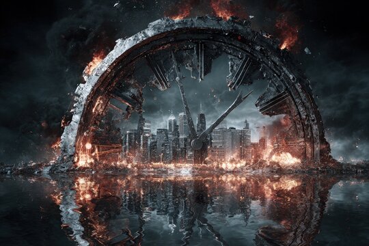 Burning City Behind Broken Clock