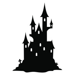 Obraz premium Spooky Haunted Castle Silhouette Illustration for Halloween Decoration and Festive Design Projects Featuring Dark Gothic Architecture and Graveyard Details