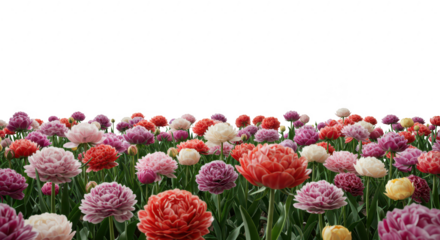 Photo of a colorful field of peonies and tulips isolated on transparent background showcases the vibrant beauty of a spring garden in full bloom