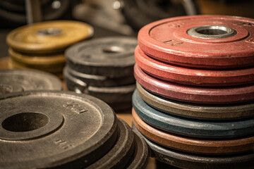 Various weight plates are stacked in an organized manner on a weight tree, symbolizing progressive overload and the journey of building physical strength.
