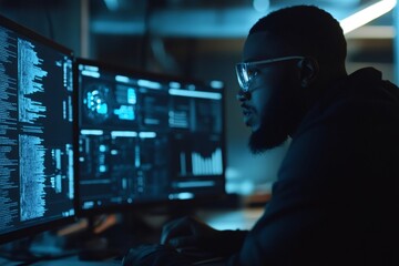 Security analyst working late at night, utilizing AI tools for predicting future cyber threats while focusing on data analysis and network security