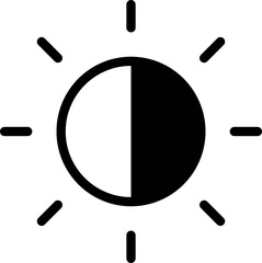 Brightness control icon. Sun and screen brightness control icon representing light adjustment and display settings. Screen mode icon isolated on transparent background. Vector illustration.