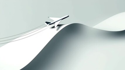 Minimalist airplane flying over abstract white wave representing travel