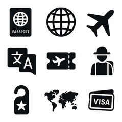 Travel Icons Set. olid, filled icons set of international travel ads: passport, globe, airplane, language icon © Ivanja