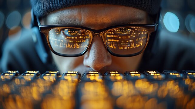 Mysterious figure in a dark hooded raincoat uses a tablet in a rainy neon-lit city. The red glow in their eyes and reflections on wet surfaces create a cyberpunk hacker atmosphere.