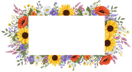 Photo of a vibrant watercolor flower frame featuring sunflowers, poppies, and wildflowers, perfect for summer and spring designs isolated on transparent background