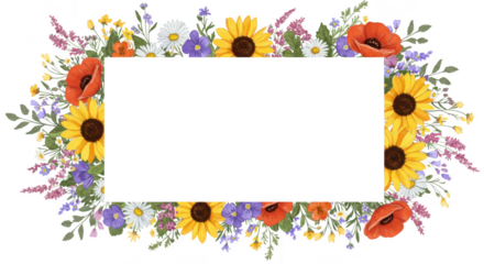 Photo of a vibrant watercolor flower frame featuring sunflowers, poppies, and wildflowers, perfect for summer and spring designs isolated on transparent background