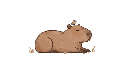 Illustration of a capybara resting with a small bird perched on its head in a minimalist style art