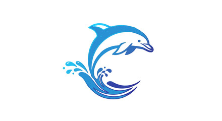 Illustration of a blue dolphin jumping out of water with splashes and a wave on a white background