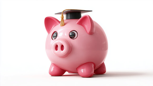 Minimalist composition featuring a pink piggy bank with a grad cap on a clean white background &mdash; perfect for scholarship, college fund, or budgeting themes.

