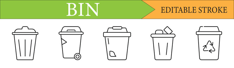 Trash and Recycle Bin Line Icon Set with Editable Stroke