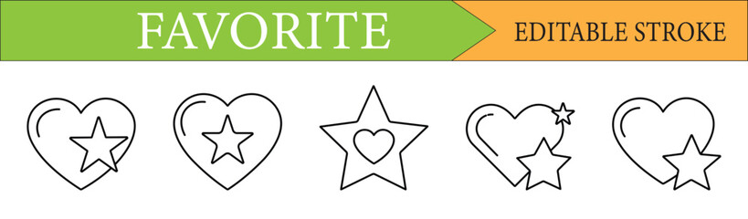 Favorite Heart and Star Line Icon Set with Editable Stroke