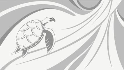sea turtle silhouette with abstract flowing waves and swirling lines in gray monochrome design