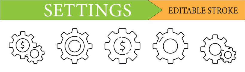 Financial Settings Gear Line Icon Set with Editable Stroke