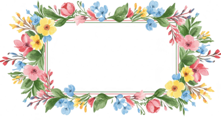 Photo of a delicate watercolor floral frame isolated on transparent background showcases roses and hydrangeas, creating a romantic and elegant design for invitations and cards
