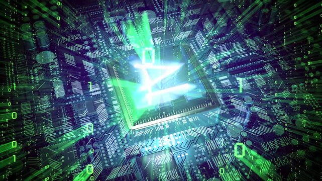 AI - artificial intelligence computer processr blended with matrix style binary code - 3D 4k animation (3840 x 2160 px)