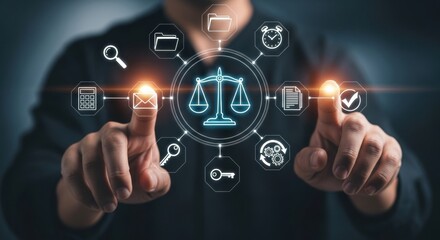 Man interacting with a digital interface displaying legal symbols like scales of justice, checkmarks, and documents, representing legal services and justice