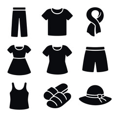 Fototapeta premium Light Fabrics Icon Set. olid, filled icons set of light fabrics fashion: linen pants, cotton tee, muslin scarf