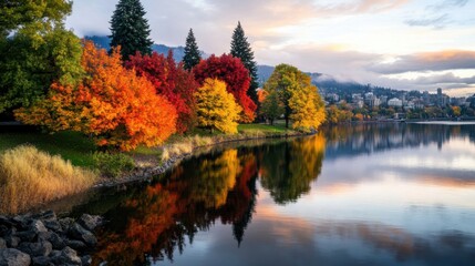 Obraz premium serene autumn landscape with a reflective lake surrounded by trees with colorful fall foliage 