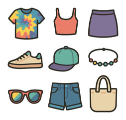 Naklejka premium Youth Summer Icons. olid, filled icons set of youth summer style: tie-dye shirt, crop top, mini skirt,