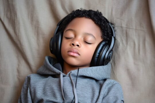 Serene child sleeping peacefully while wearing headphones and enjoying music, finding tranquility in the comfort of sound