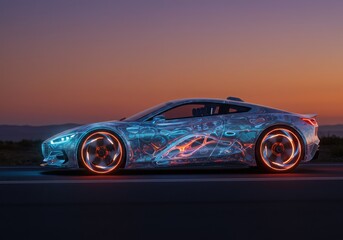 Naklejka premium A futuristic electric sports car with glowing neon lights and intricate digital patterns driving on a road at sunset