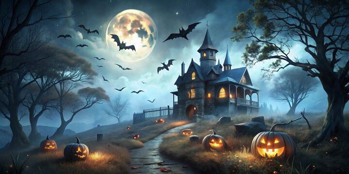 Spooky Halloween Mansion at Night with Jack o lanterns