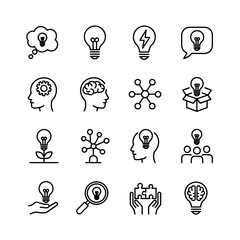 Collection of conceptual idea and innovation icons depicting creativity problem solving teamwork collaboration and knowledge generation for business and education