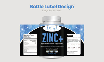 Zinc supplement bottle label with modern blue hexagon background and nutrition facts.
