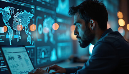 Man analyzes AI data dashboard with world map. Futuristic technology interface displays charts, graphs, and network data. AI assists in research, planning, and business workflows.
