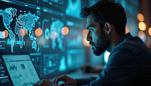 Man analyzes AI data dashboard with world map. Futuristic technology interface displays charts, graphs, and network data. AI assists in research, planning, and business workflows. - Powered by Adobe