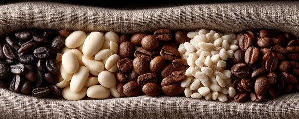 Various stages of coffee beans in a burlap sack, perfect for international coffee day.