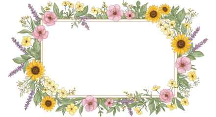 Photo of a watercolor floral frame with sunflowers and pink flowers isolated on transparent background creates a vibrant design