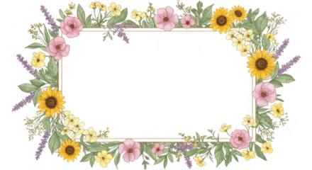 Photo of a watercolor floral frame with sunflowers and pink flowers isolated on transparent background creates a vibrant design