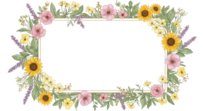 Photo of a watercolor floral frame with sunflowers and pink flowers isolated on transparent background creates a vibrant design