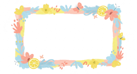 Photo of a pastel watercolor floral frame with lemons and butterflies isolated on transparent background