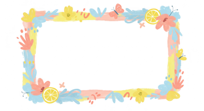 Photo of a pastel watercolor floral frame with lemons and butterflies isolated on transparent background