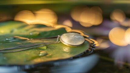 Frog on a lily pad in a pond with a golden coin