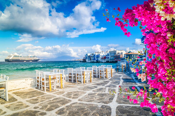 seaside cafe at Little venice district of Mykonos island, Greece
