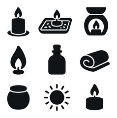 Candlelight Spa Icons. Solid, filled icons set of candlelight spa setup: candle icon, soft glow, tray, petals,